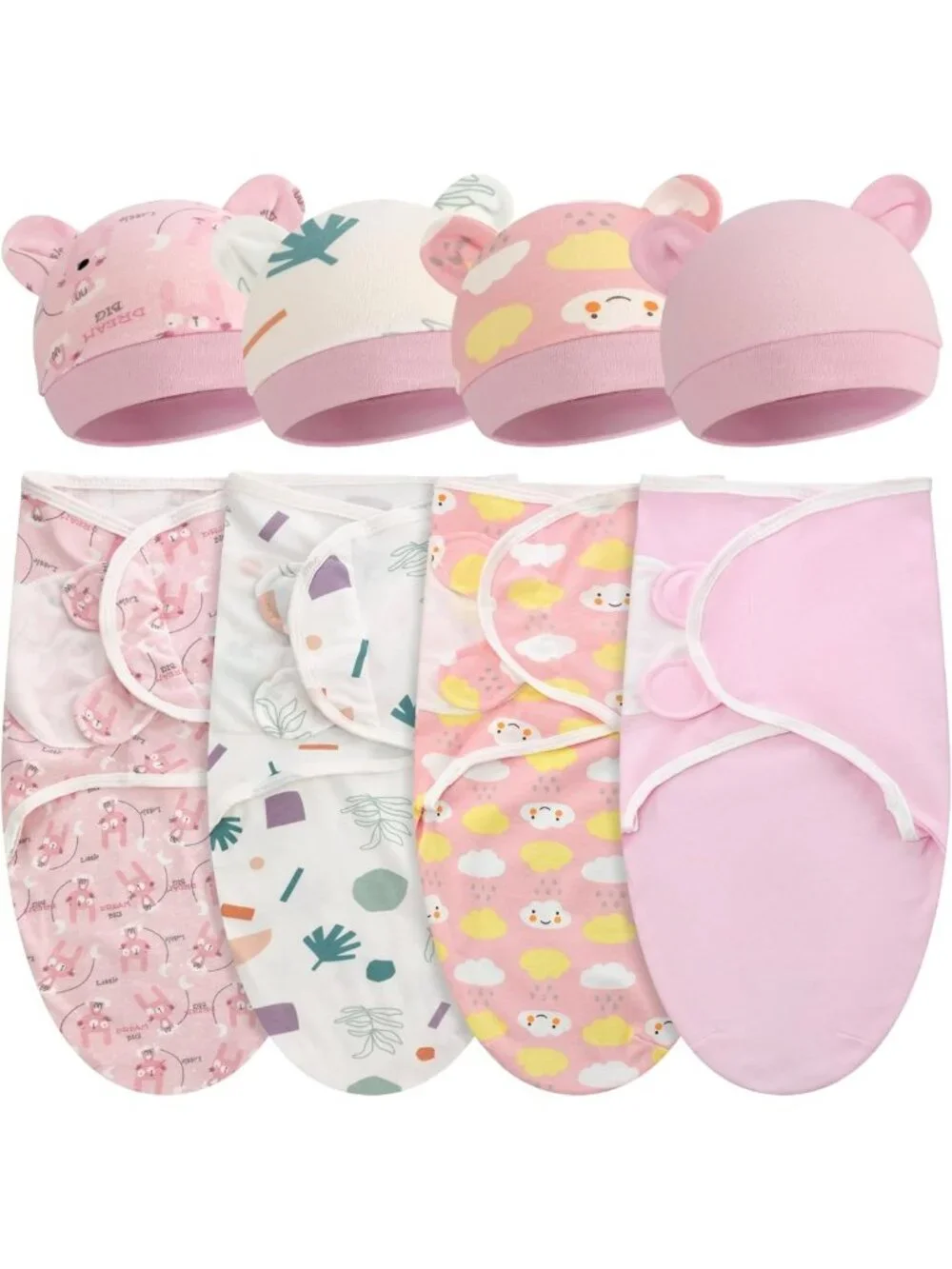 Cozy 4-Pack Swaddle Blankets with Matching Hats for Newborns & Infants